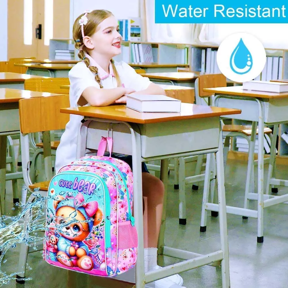 UFNDC 3PCS Girls Backpack, 16" Kids Bookbag with Lunch Box, Water Resistant School Bag for Elementary Preschool Toddler
