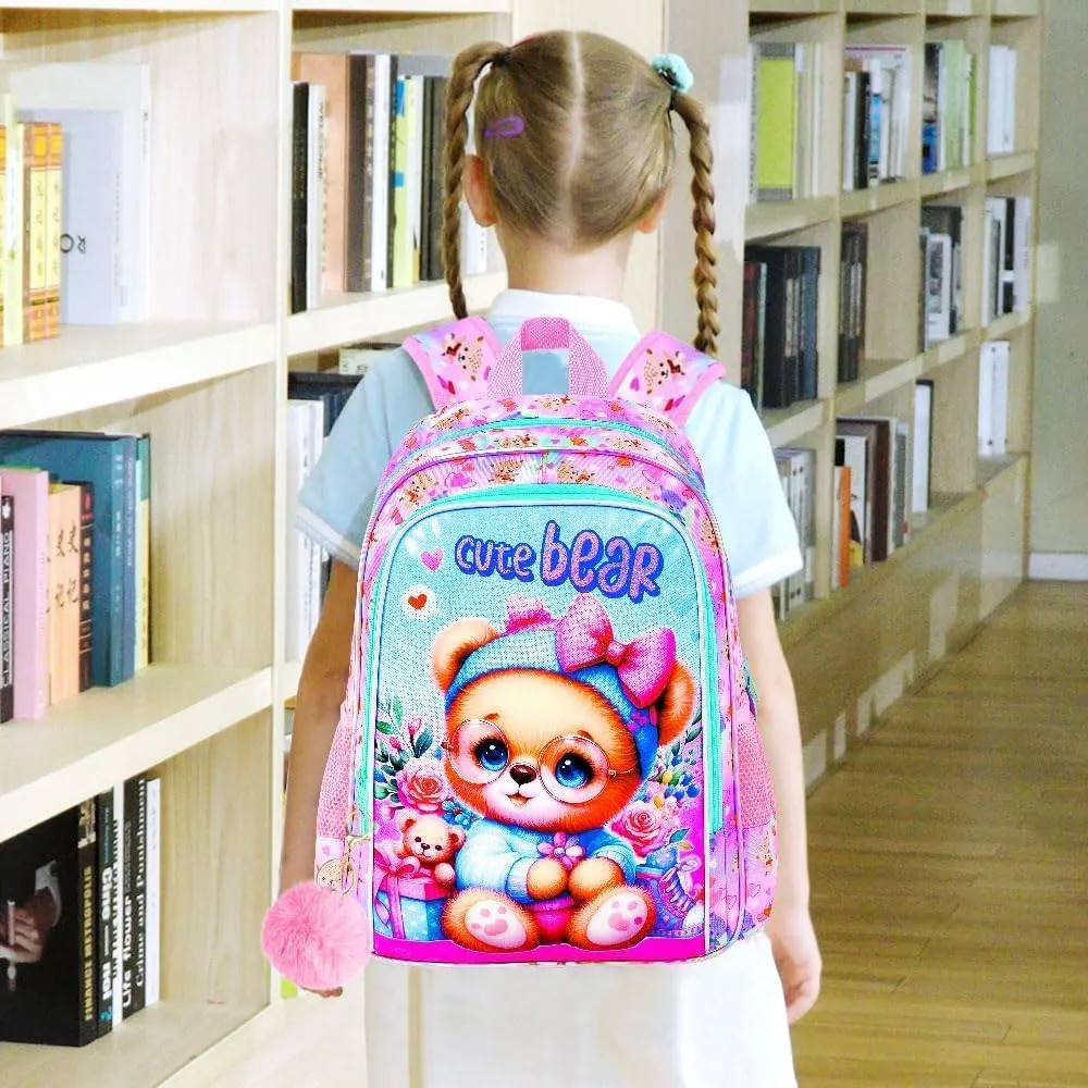 UFNDC 3PCS Girls Backpack, 16" Kids Bookbag with Lunch Box, Water Resistant School Bag for Elementary Preschool Toddler