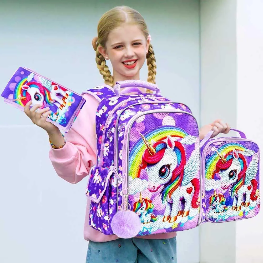 UFNDC 3PCS Unicorn Backpack for Girls, 16”Kids Sequin Bookbag with Lunch Box, Water Resistant School Bag for Elementary Preschool Toddler