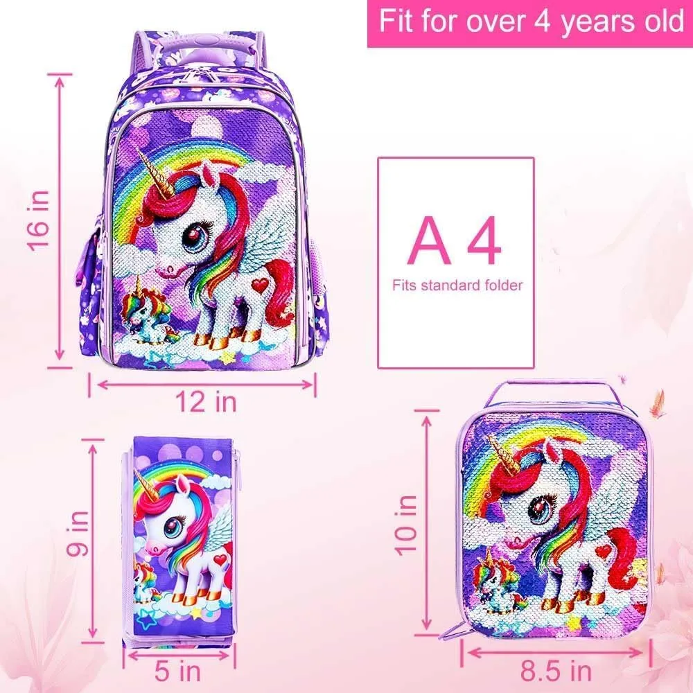UFNDC 3PCS Unicorn Backpack for Girls, 16”Kids Sequin Bookbag with Lunch Box, Water Resistant School Bag for Elementary Preschool Toddler