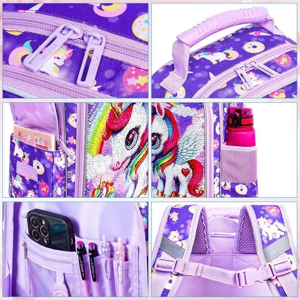 UFNDC 3PCS Unicorn Backpack for Girls, 16”Kids Sequin Bookbag with Lunch Box, Water Resistant School Bag for Elementary Preschool Toddler
