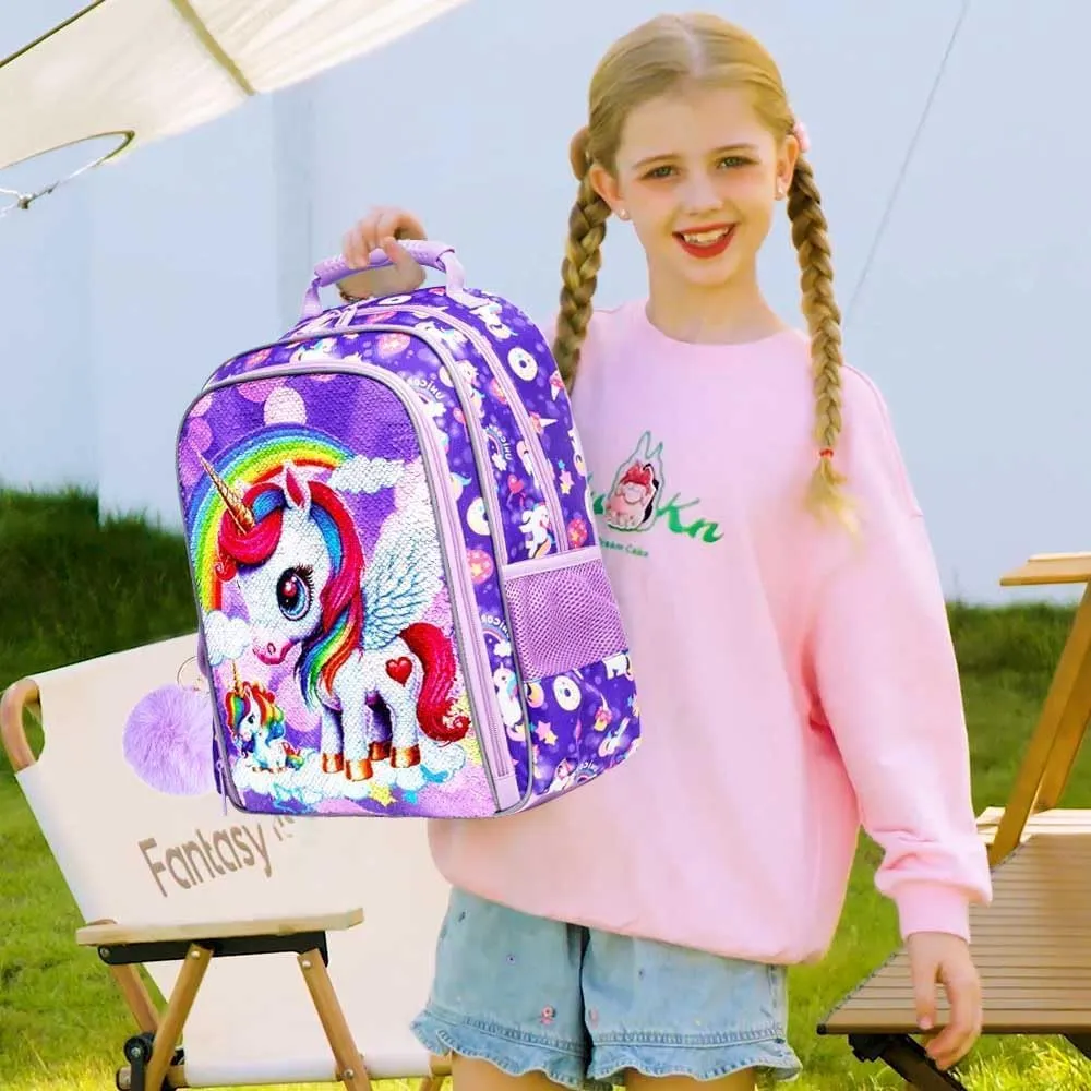 UFNDC 3PCS Unicorn Backpack for Girls, 16”Kids Sequin Bookbag with Lunch Box, Water Resistant School Bag for Elementary Preschool Toddler