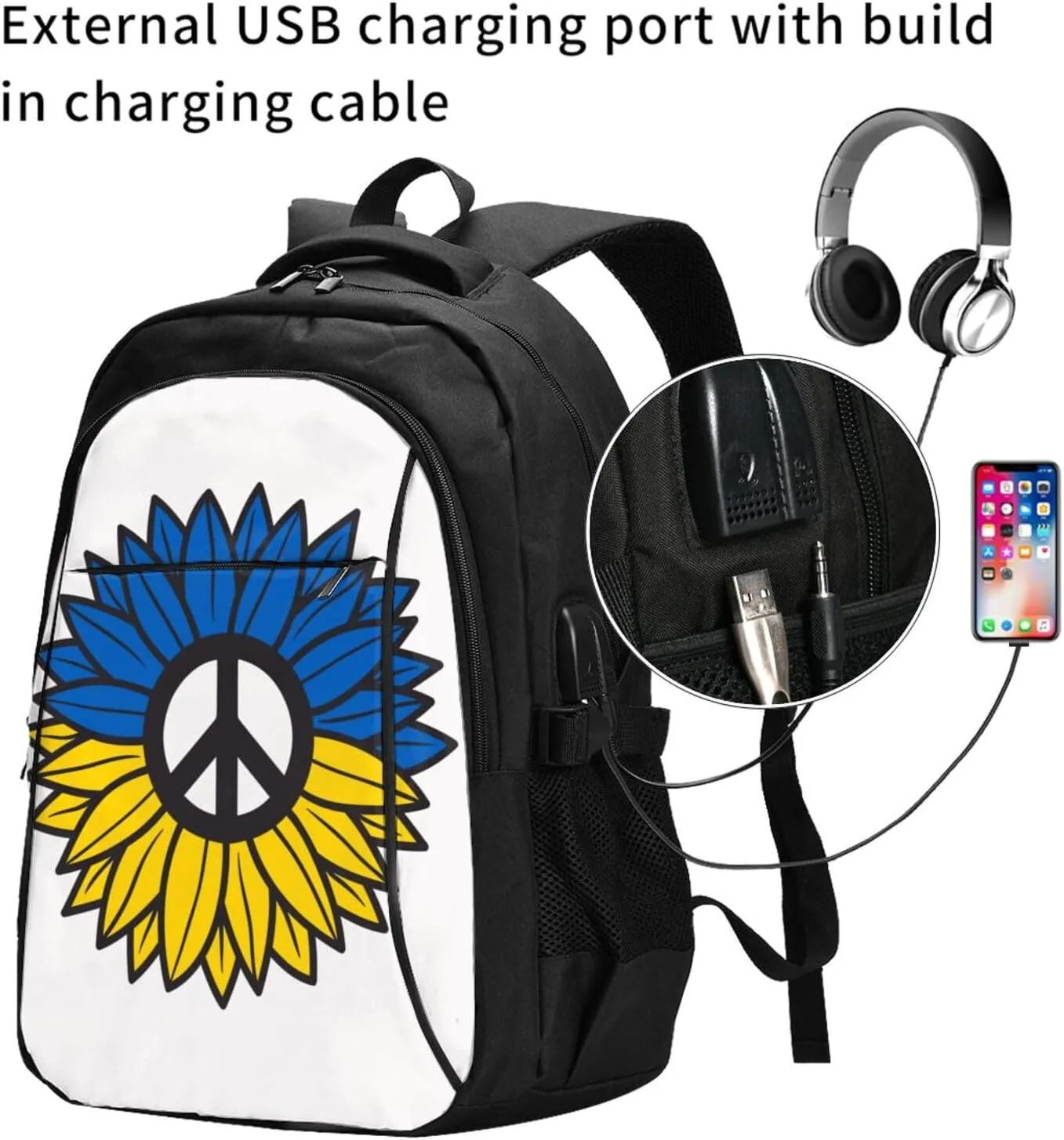 Ukraine Sunflower Flag Casual Travel Backpacks Hiking Camping Backpack Large Outdoor Sport Daypack Laptop Rucksack Climbing Working Bags with USB Port