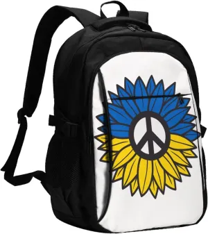 Ukraine Sunflower Flag Casual Travel Backpacks Hiking Camping Backpack Large Outdoor Sport Daypack Laptop Rucksack Climbing Working Bags with USB Port