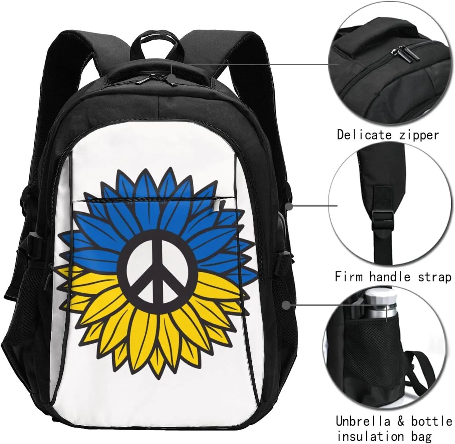 Ukraine Sunflower Flag Casual Travel Backpacks Hiking Camping Backpack Large Outdoor Sport Daypack Laptop Rucksack Climbing Working Bags with USB Port