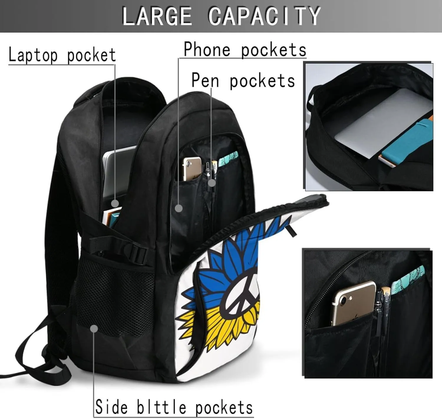 Ukraine Sunflower Flag Casual Travel Backpacks Hiking Camping Backpack Large Outdoor Sport Daypack Laptop Rucksack Climbing Working Bags with USB Port