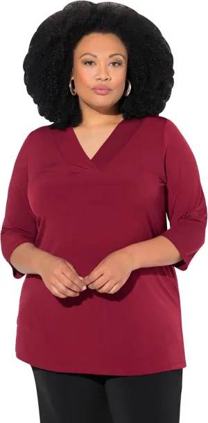 Ulla Popken Womenswear Plus Size Curvy Matte Jersey V-Neck Swing Vented Three Quarter Sleeve Tunic 827621