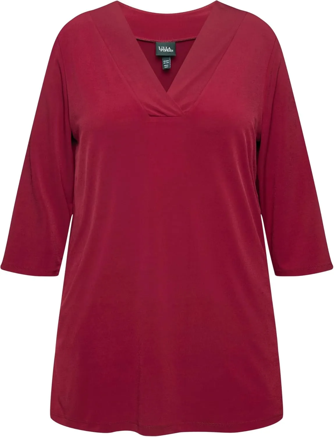 Ulla Popken Womenswear Plus Size Curvy Matte Jersey V-Neck Swing Vented Three Quarter Sleeve Tunic 827621