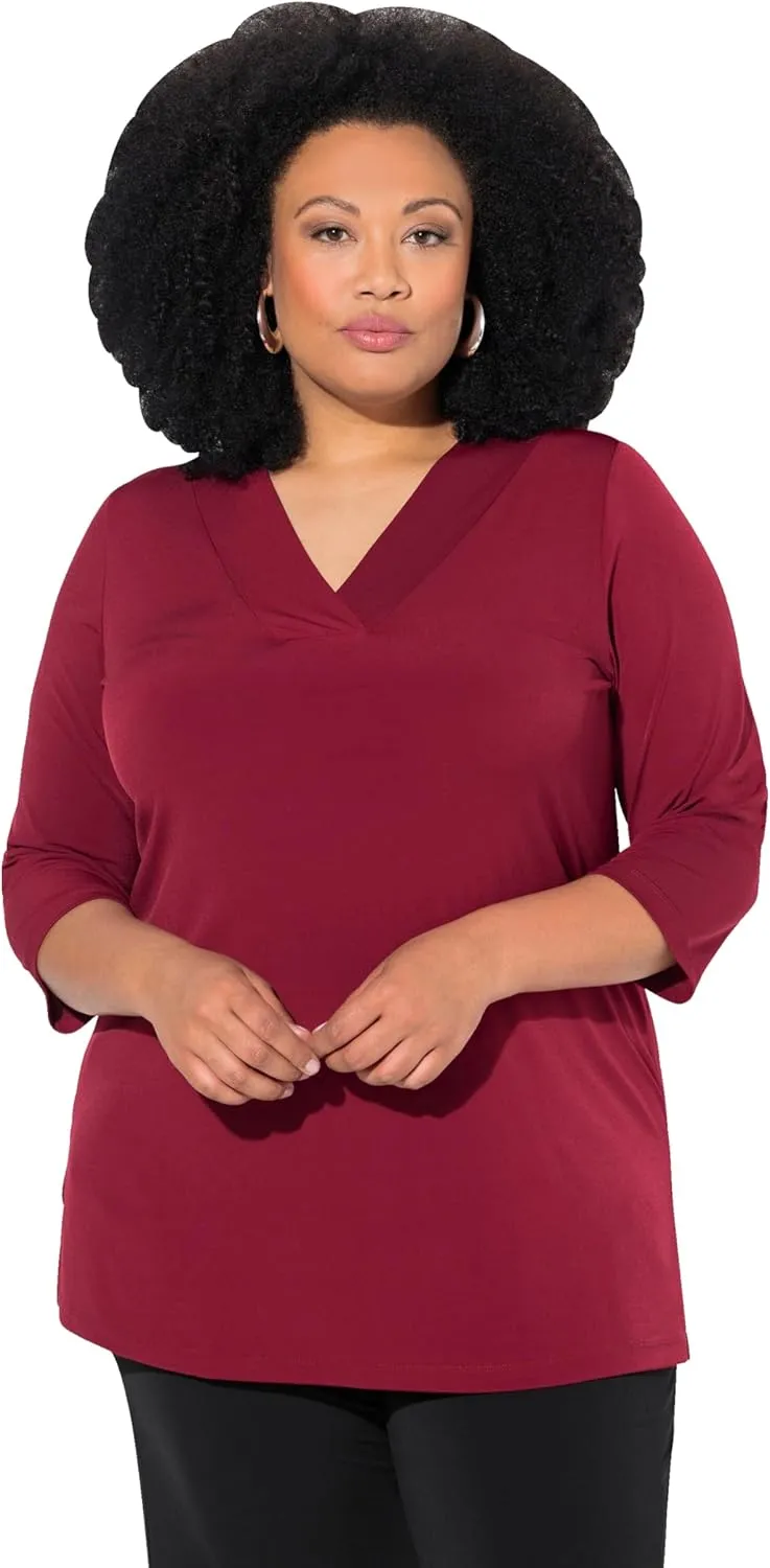 Ulla Popken Womenswear Plus Size Curvy Matte Jersey V-Neck Swing Vented Three Quarter Sleeve Tunic 827621
