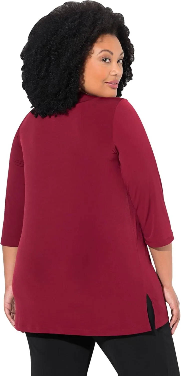 Ulla Popken Womenswear Plus Size Curvy Matte Jersey V-Neck Swing Vented Three Quarter Sleeve Tunic 827621
