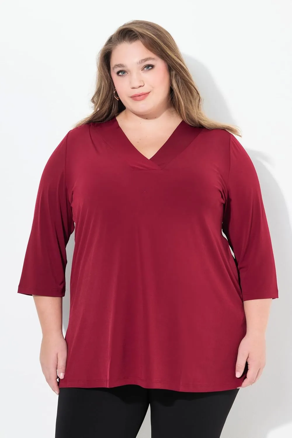 Ulla Popken Womenswear Plus Size Curvy Matte Jersey V-Neck Swing Vented Three Quarter Sleeve Tunic 827621