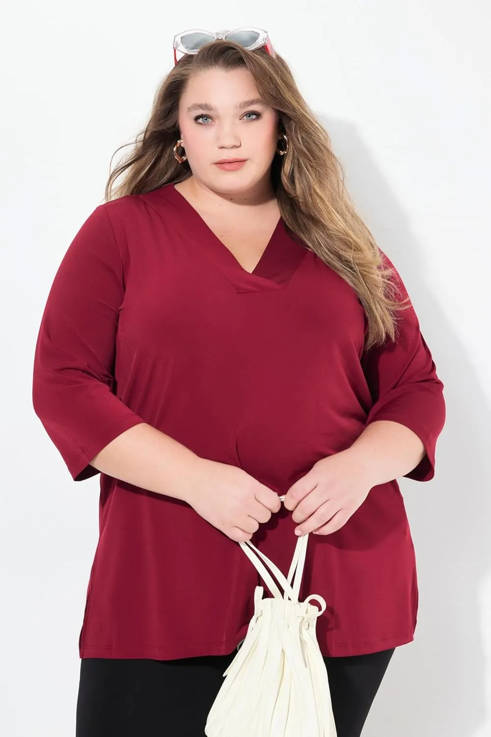 Ulla Popken Womenswear Plus Size Curvy Matte Jersey V-Neck Swing Vented Three Quarter Sleeve Tunic 827621