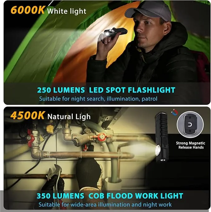 ULTRAFIRE Rechargeable LED Work Light 350 Lumens Portable Magnetic Flat EDC Flashlights with Red Beam,3 Mode Pocket Small Lights with Clip for Working,Car Repairing,Camping,Emergency