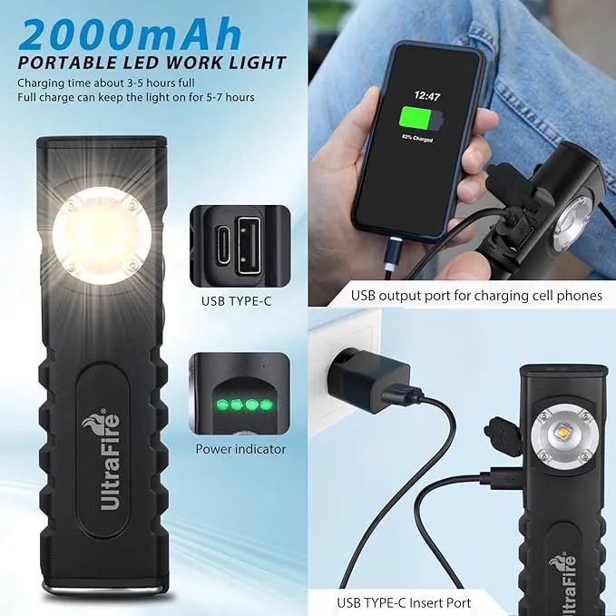 ULTRAFIRE Rechargeable LED Work Light 350 Lumens Portable Magnetic Flat EDC Flashlights with Red Beam,3 Mode Pocket Small Lights with Clip for Working,Car Repairing,Camping,Emergency
