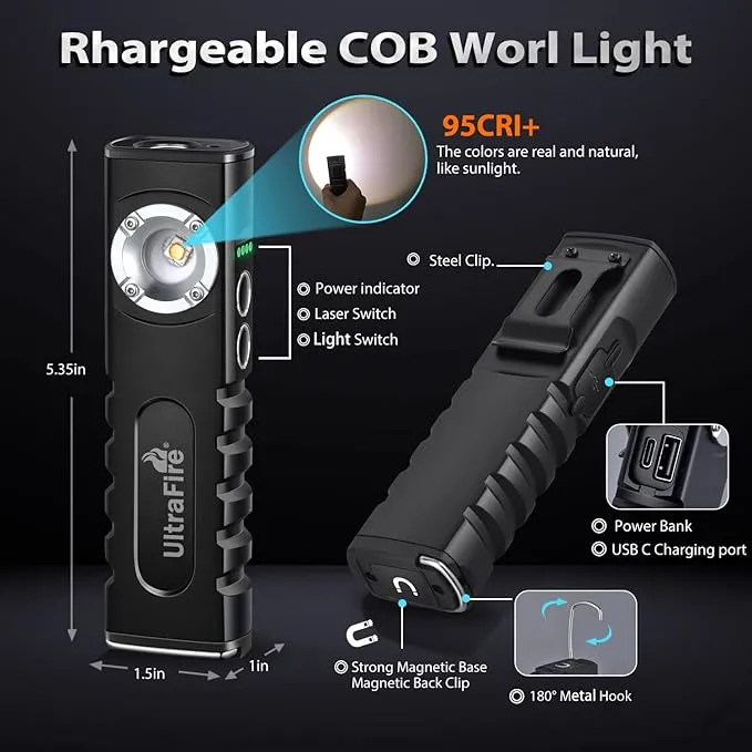 ULTRAFIRE Rechargeable LED Work Light 350 Lumens Portable Magnetic Flat EDC Flashlights with Red Beam,3 Mode Pocket Small Lights with Clip for Working,Car Repairing,Camping,Emergency