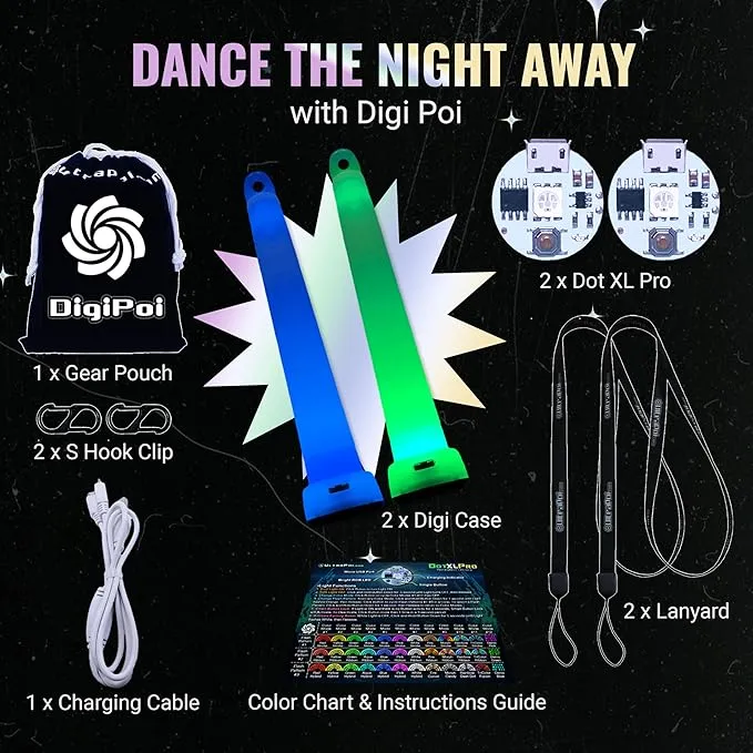 UltraPoi Digi Poi Set - Rechargeable Pocket LED Glow Stick Poi - Rainbow Light Stick with S Hook Clip & Lanyard - Customizable & Wearable LED Concert Light Stick for Poi, Camping, Backpacks & Parties