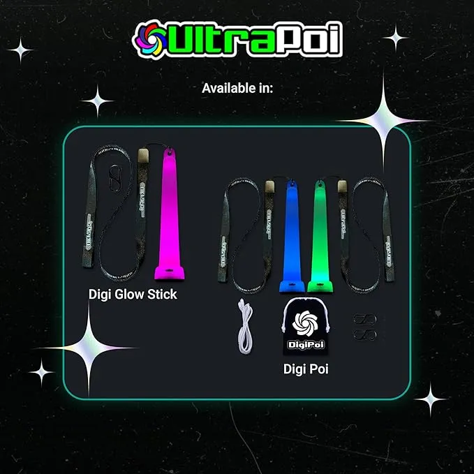 UltraPoi Digi Poi Set - Rechargeable Pocket LED Glow Stick Poi - Rainbow Light Stick with S Hook Clip & Lanyard - Customizable & Wearable LED Concert Light Stick for Poi, Camping, Backpacks & Parties