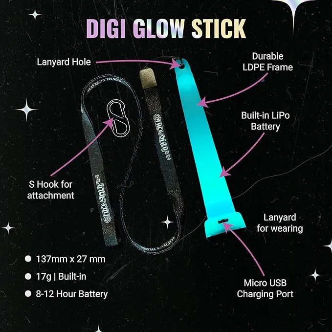 UltraPoi Digi Poi Set - Rechargeable Pocket LED Glow Stick Poi - Rainbow Light Stick with S Hook Clip & Lanyard - Customizable & Wearable LED Concert Light Stick for Poi, Camping, Backpacks & Parties