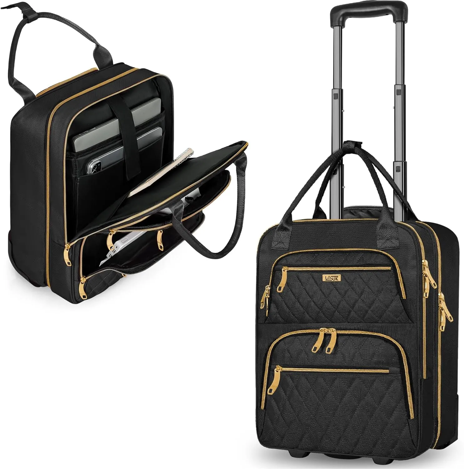 Underseat Carry On Luggage with Wheels, Stylish Lightweight Under Seat Luggage, Personal Item Suitcase with telescoping handles for Men Women, Pilots and Crew, Black