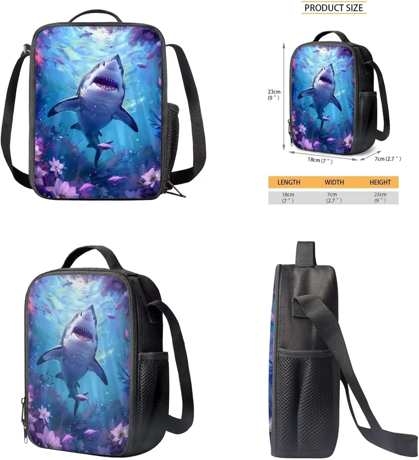 Underwater Shark Kids Backpack for Boys Students 17 Inch Bookbag 4 in 1 Backpack Set with Key Ring,Bento Lunch Box and Pencil Case Daypack Large Capacity Schoolbag with Adjustable Straps
