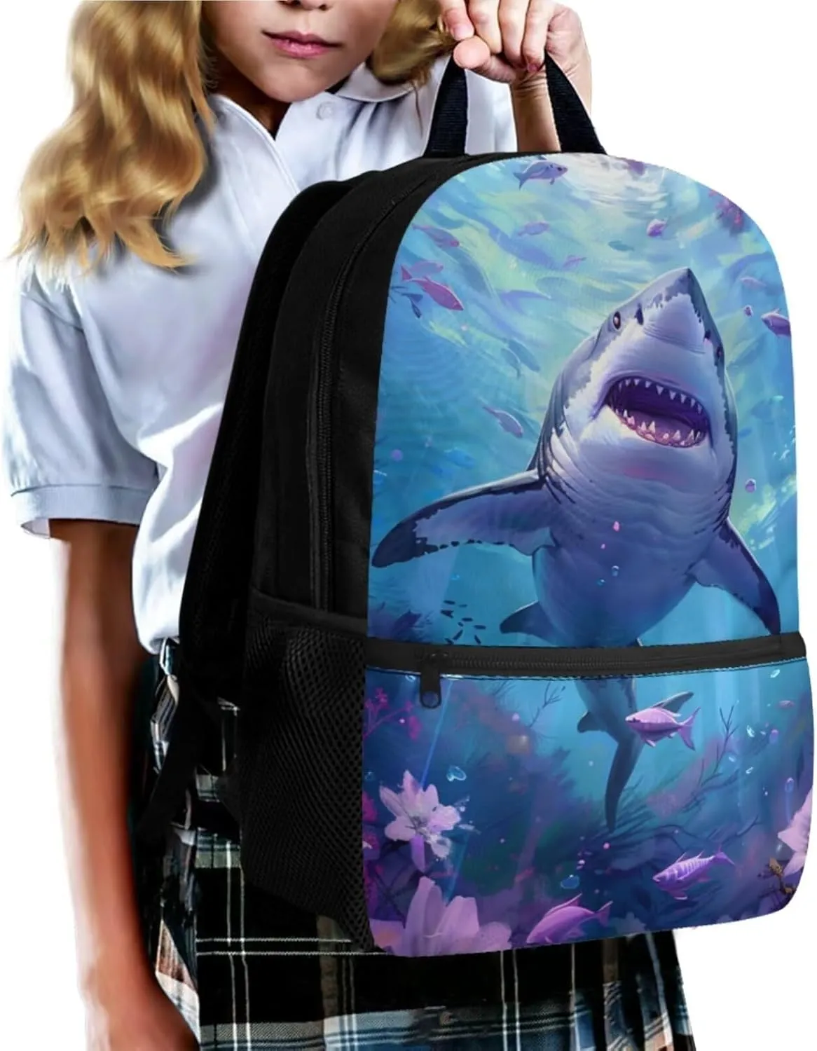 Underwater Shark Kids Backpack for Boys Students 17 Inch Bookbag 4 in 1 Backpack Set with Key Ring,Bento Lunch Box and Pencil Case Daypack Large Capacity Schoolbag with Adjustable Straps