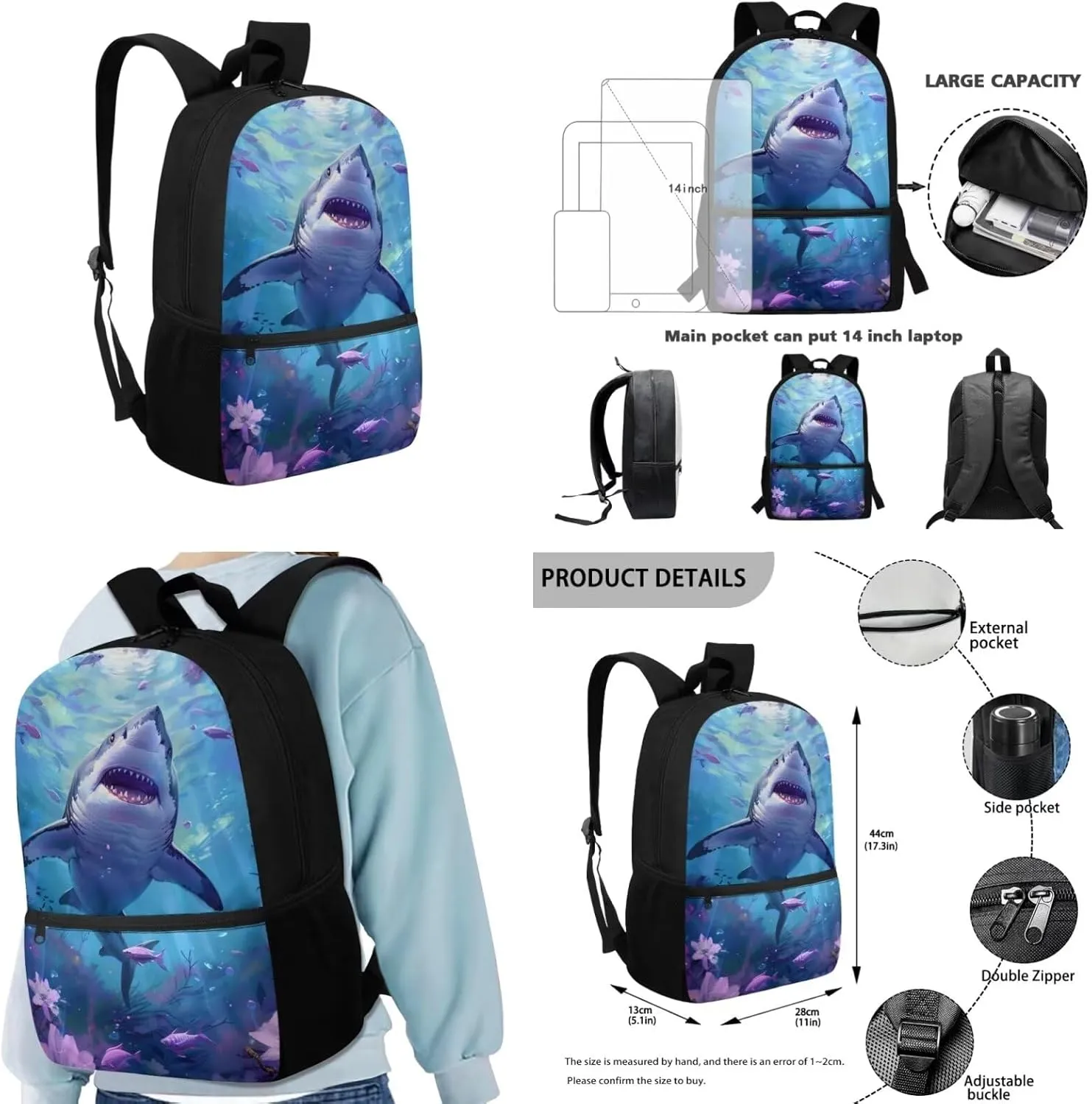 Underwater Shark Kids Backpack for Boys Students 17 Inch Bookbag 4 in 1 Backpack Set with Key Ring,Bento Lunch Box and Pencil Case Daypack Large Capacity Schoolbag with Adjustable Straps