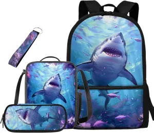 Underwater Shark Kids Backpack for Boys Students 17 Inch Bookbag 4 in 1 Backpack Set with Key Ring,Bento Lunch Box and Pencil Case Daypack Large Capacity Schoolbag with Adjustable Straps