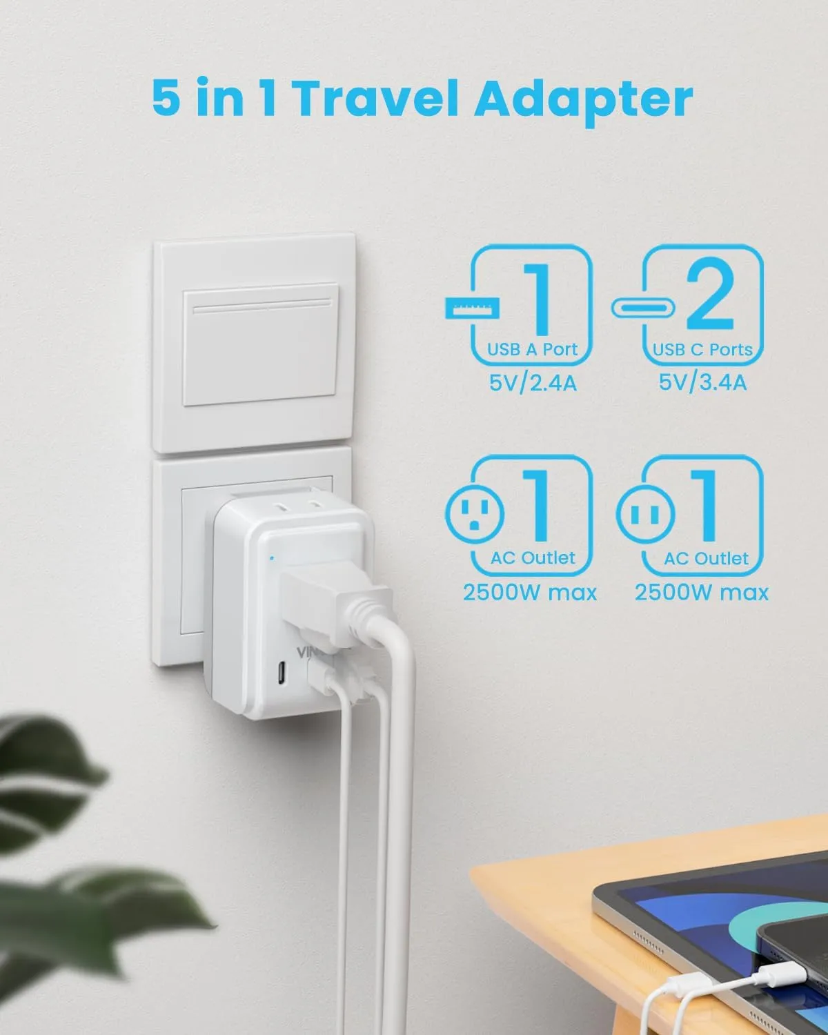 Universal Travel Adapter Kit, VINTAR International Plug Adapter with 3 USB Ports(2 USB C, 3.4A) and 2 American Outlets, Type A,C,G,D,I,M Detachable Attachments, Adapter for US/EU/UK/India/AUS/Africa