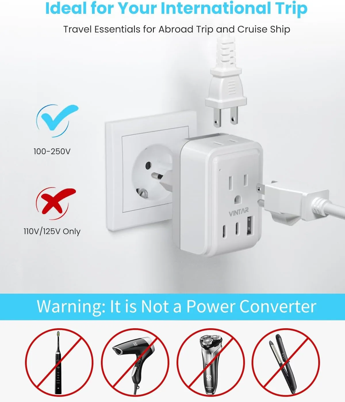 Universal Travel Adapter Kit, VINTAR International Plug Adapter with 3 USB Ports(2 USB C, 3.4A) and 2 American Outlets, Type A,C,G,D,I,M Detachable Attachments, Adapter for US/EU/UK/India/AUS/Africa