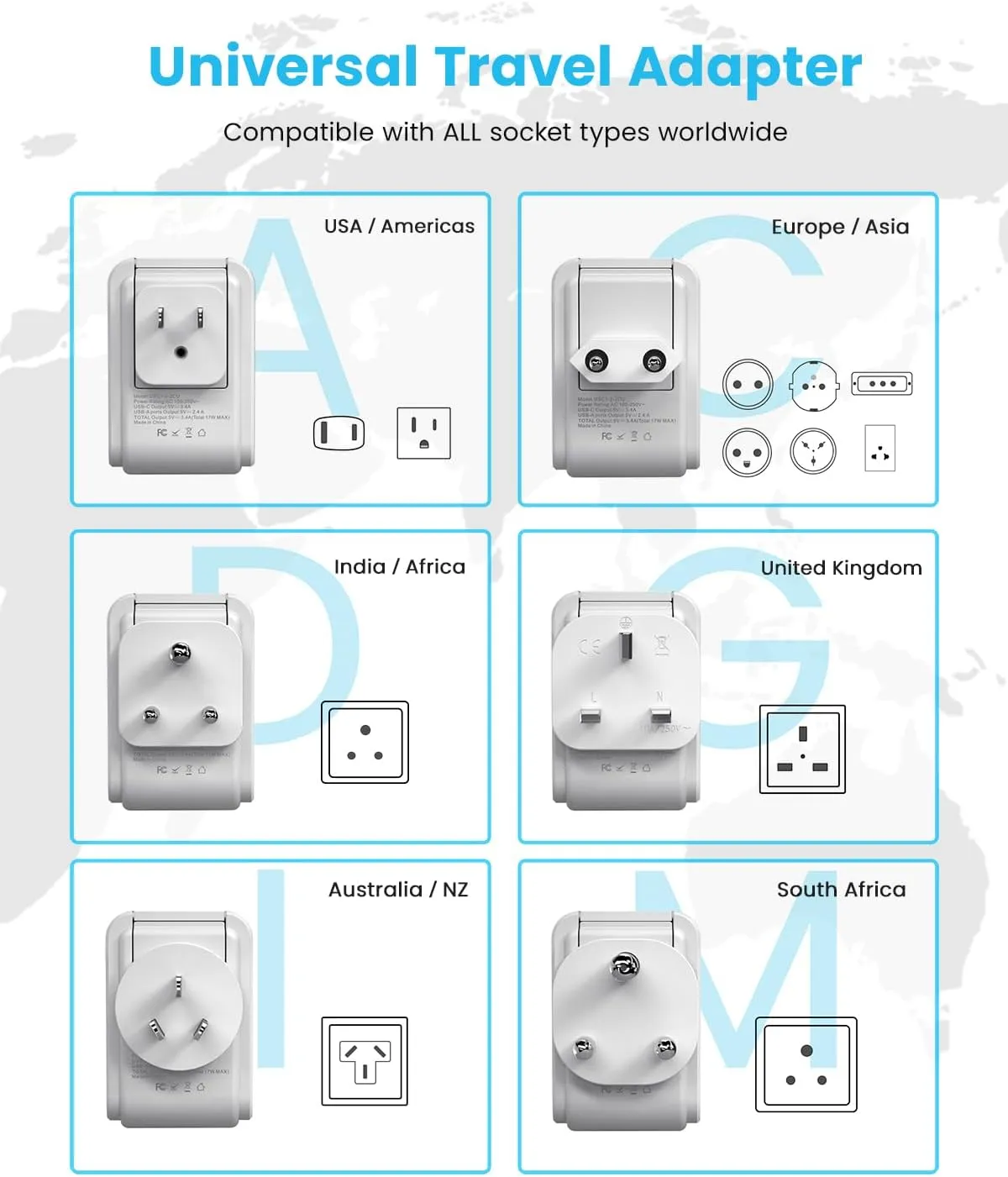 Universal Travel Adapter Kit, VINTAR International Plug Adapter with 3 USB Ports(2 USB C, 3.4A) and 2 American Outlets, Type A,C,G,D,I,M Detachable Attachments, Adapter for US/EU/UK/India/AUS/Africa