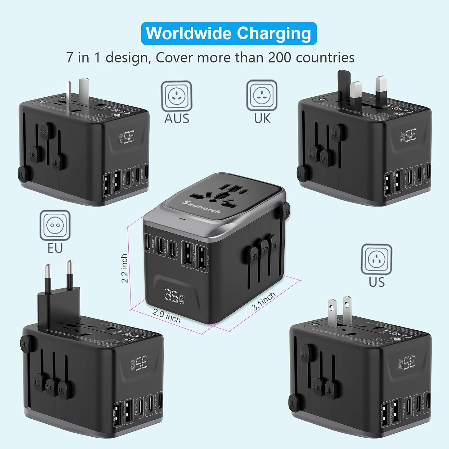 Universal Travel Adapter, PD 35W 7 in 1 International Power Plug Adapter with 7.0A 4 USB-C and 2 USB-A Fast Wall Charger, Worldwide AC Outlet for US Europe UK AUS (Black Silver)