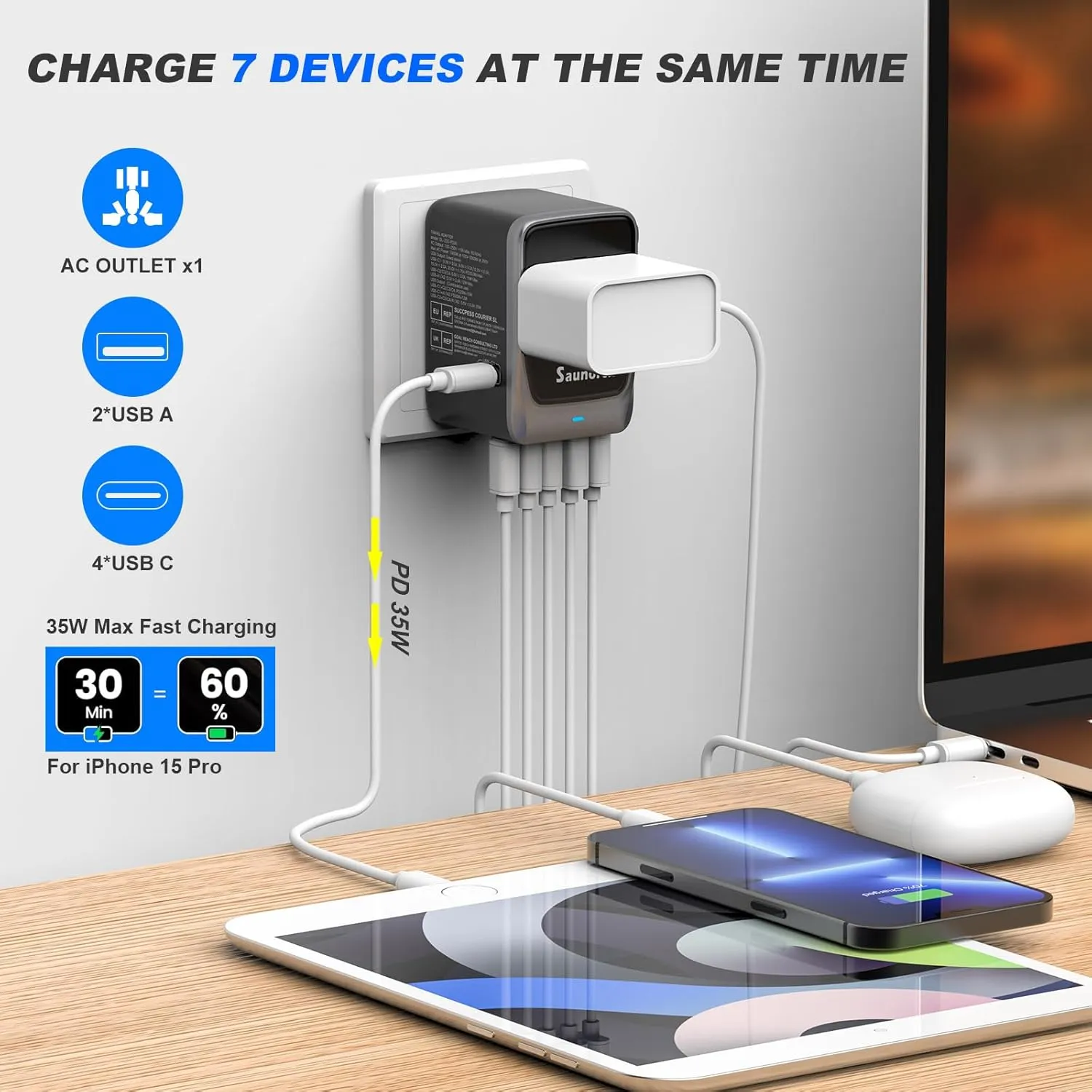 Universal Travel Adapter, PD 35W 7 in 1 International Power Plug Adapter with 7.0A 4 USB-C and 2 USB-A Fast Wall Charger, Worldwide AC Outlet for US Europe UK AUS (Black Silver)