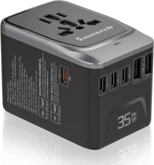 Universal Travel Adapter, PD 35W 7 in 1 International Power Plug Adapter with 7.0A 4 USB-C and 2 USB-A Fast Wall Charger, Worldwide AC Outlet for US Europe UK AUS (Black Silver)