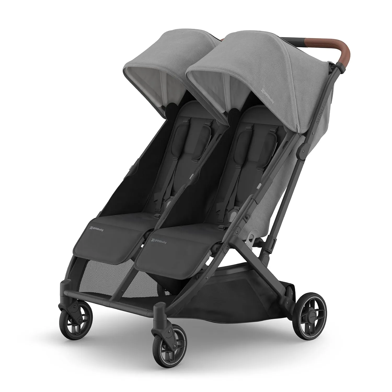 UPPAbaby Minu Duo Side-by-Side Double Stroller - Lightweight   Compact Design for Travel - Easy Fold- From Birth to Toddler - Independent Recline -Greyson(Charcoal Mélange/Carbon Frame/Saddle Leather)