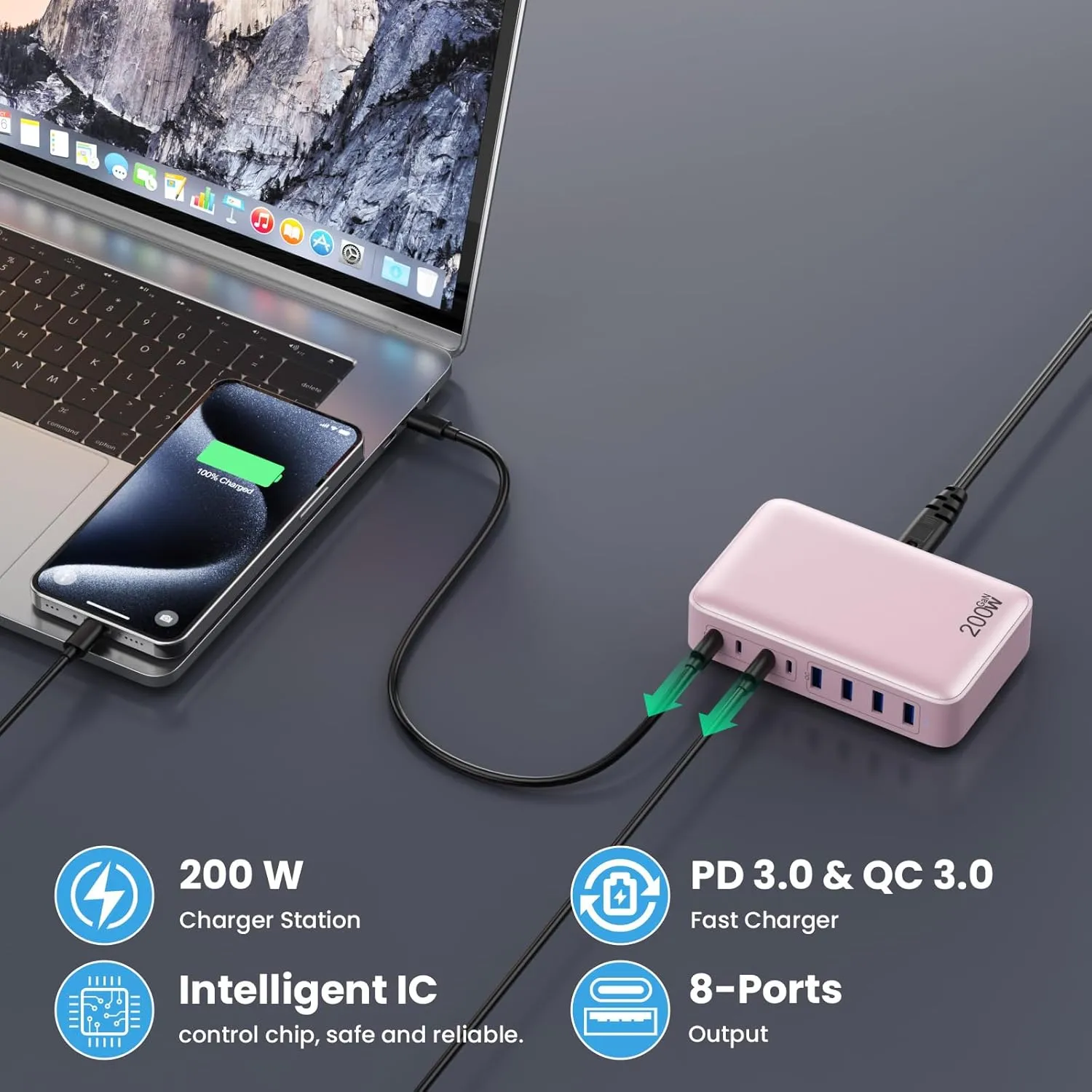 USB C Charger 200W USB C Charger Block,Upgraded GaN III 8-Port Fast Charging Station Hub,PD 65W Laptop Charger Adapter Compatible with MacBook Pro/Air,DELL,Steam Deck,iPhone 15/14/13,Galaxy S23/22 etc