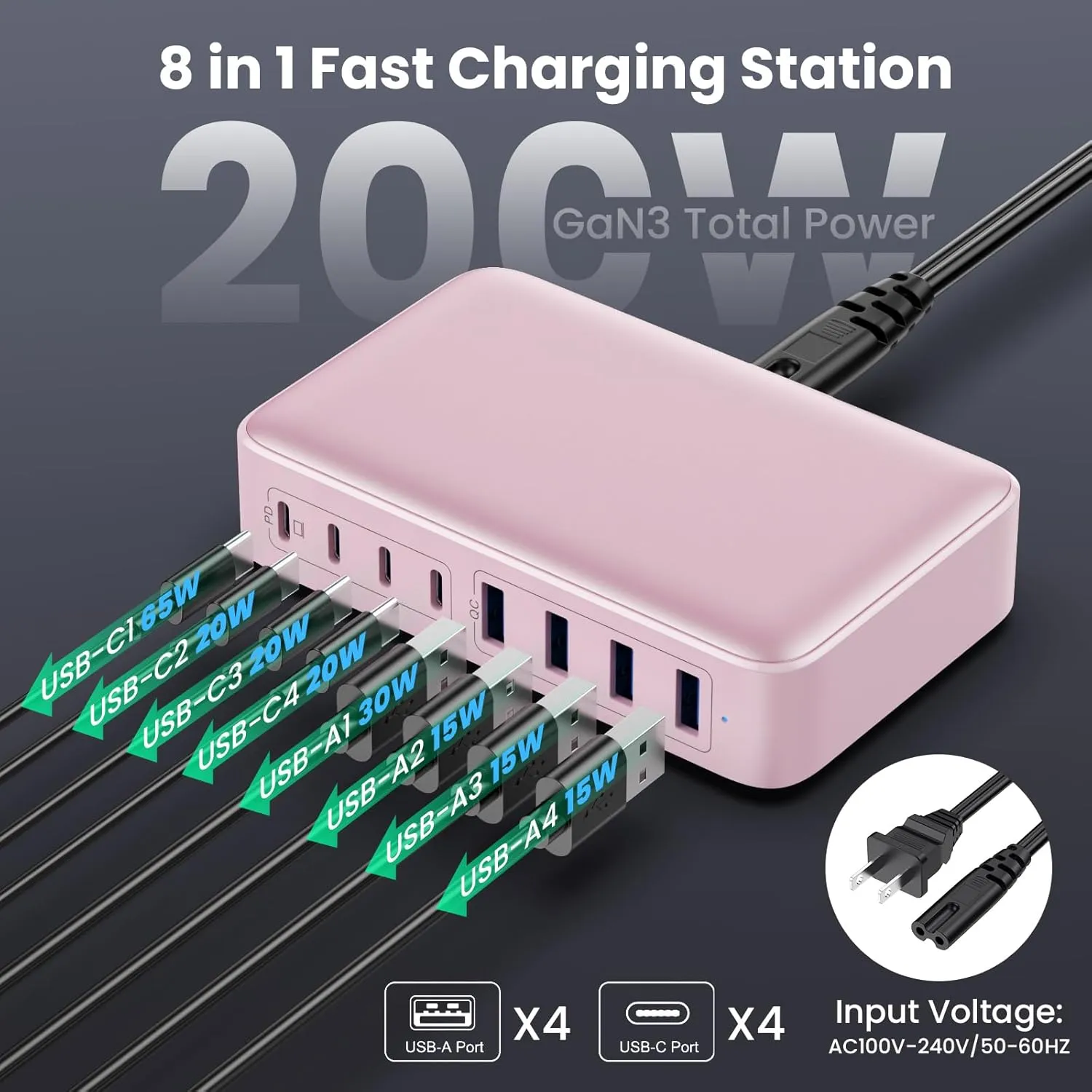 USB C Charger 200W USB C Charger Block,Upgraded GaN III 8-Port Fast Charging Station Hub,PD 65W Laptop Charger Adapter Compatible with MacBook Pro/Air,DELL,Steam Deck,iPhone 15/14/13,Galaxy S23/22 etc