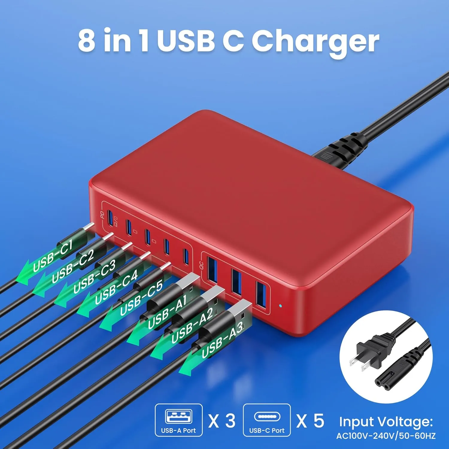 USB C Charger 300W USB C Charger Block 8-Ports GaN IV Fast Charging Station,PD 100W Laptop Charger Hub Wall Charger Adapter Compatible with MacBook/Air,DELL,Steam Desk,iPhone 16/15/14,Galaxy