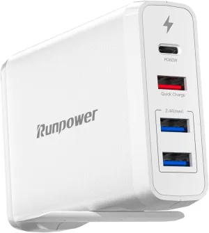 USB C Charger Runpower 90W 4-Port Fast Charger with 60W & 18W Quick Charge Ports and Dual USB A Ports 12W, USB C Wall Charger for MacBook Laptop, Phone, Tablet and More