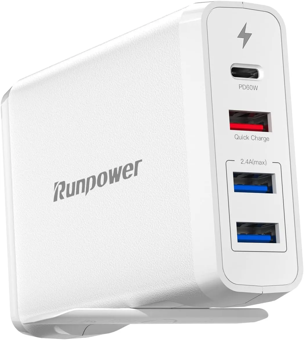 USB C Charger Runpower 90W 4-Port Fast Charger with 60W & 18W Quick Charge Ports and Dual USB A Ports 12W, USB C Wall Charger for MacBook Laptop, Phone, Tablet and More