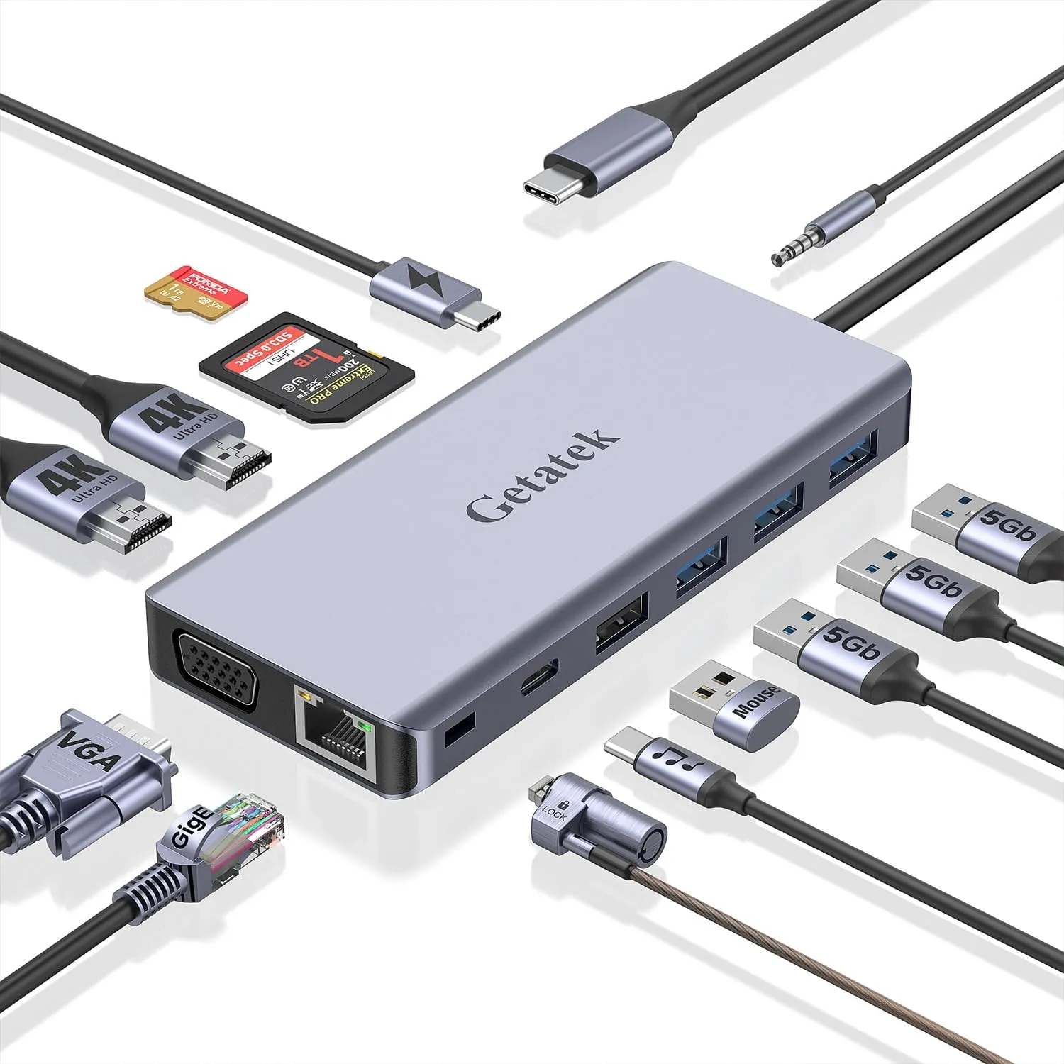 USB C Docking Station, 14 in 1 USB C Dock Triple Display, Laptop Docking Station with Dual HDMI, VGA, PD, RJ45, SD/TF, 3 USB 3.0, USB 2.0, Audio,Type C Data Port, Kensington Safety Lock, for MacBook