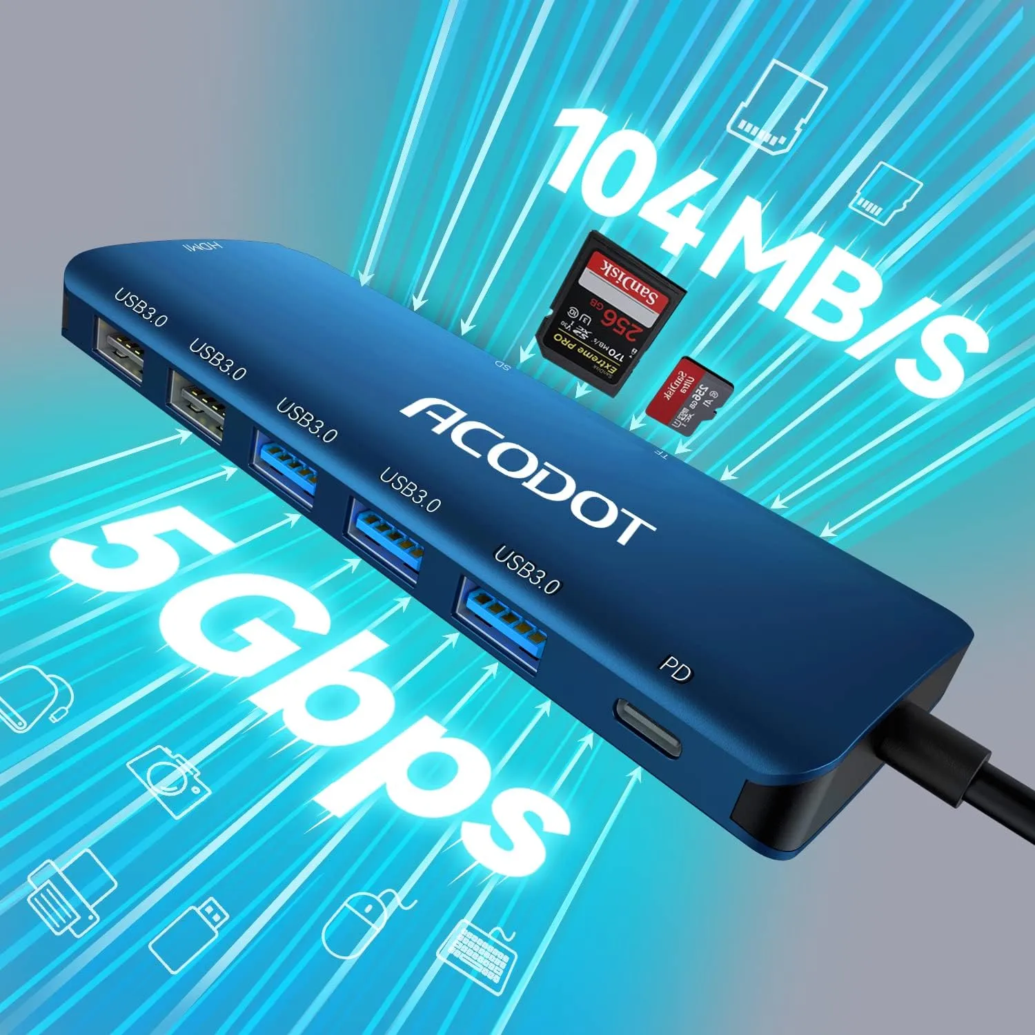 USB C Hub, Acodot 9 in 1 USB C to 4K@60HZ HDMI Multiport Adapter, 3 USB 3.0 Ports, SD/TF Card Reader, 100W PD, USB C Hub Multiport Adapter Desigend for MacBook Pro Air HP XPS etc, Blue