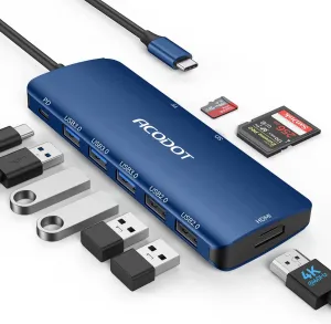 USB C Hub, Acodot 9 in 1 USB C to 4K@60HZ HDMI Multiport Adapter, 3 USB 3.0 Ports, SD/TF Card Reader, 100W PD, USB C Hub Multiport Adapter Desigend for MacBook Pro Air HP XPS etc, Blue