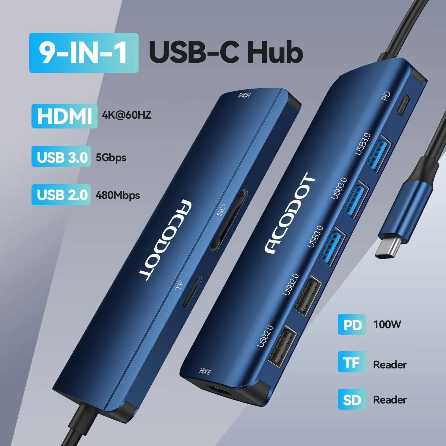 USB C Hub, Acodot 9 in 1 USB C to 4K@60HZ HDMI Multiport Adapter, 3 USB 3.0 Ports, SD/TF Card Reader, 100W PD, USB C Hub Multiport Adapter Desigend for MacBook Pro Air HP XPS etc, Blue