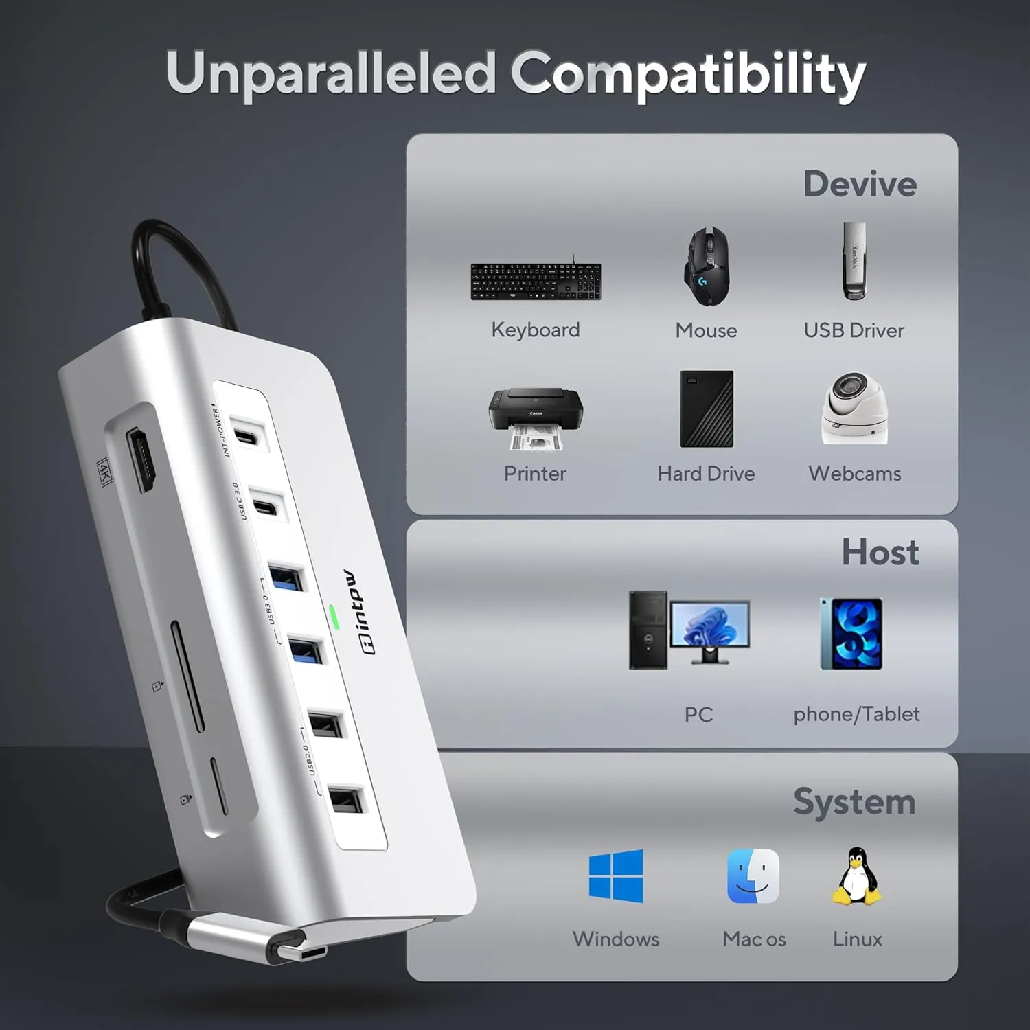 USB C Hub, INTPW 9-in-1 USB C Hub Multiport Adapter with 4K HDMI, PD 100W, USB-C and 2 USB A 3.0 5Gbps, 2 USB A 2.0, SD/TF Card Reader, Aluminum USB C to USB Hub for MacBook Air/Pro iPad Laptop