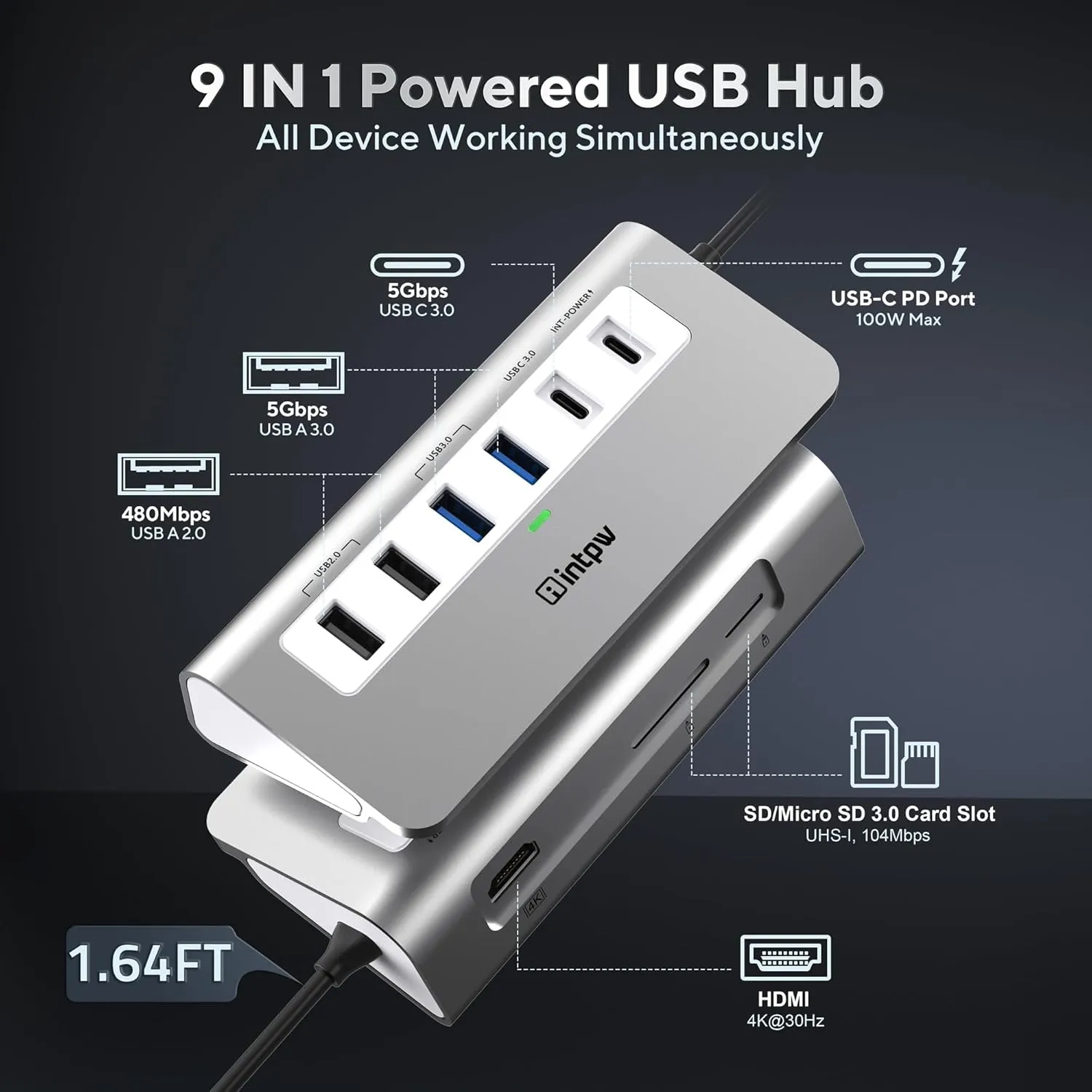 USB C Hub, INTPW 9-in-1 USB C Hub Multiport Adapter with 4K HDMI, PD 100W, USB-C and 2 USB A 3.0 5Gbps, 2 USB A 2.0, SD/TF Card Reader, Aluminum USB C to USB Hub for MacBook Air/Pro iPad Laptop