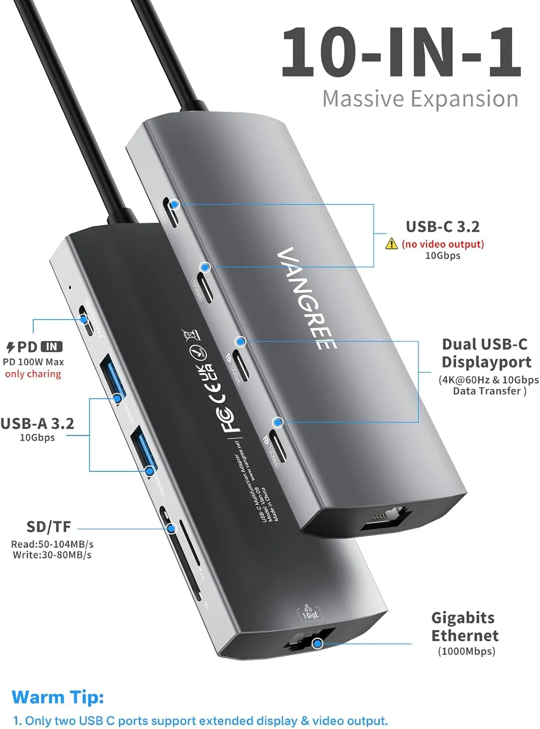 USB C Hub with Dual 4K@60Hz Displayports, 2 USB-A & 2 USB-C 3.2 10Gbps Ports, 1Gbps Ethernet, 100W PD, SD/TF, USBC Splitter Docking Station for MacBook Pro/Air, iMac, iPad Pro, XPS, Thinkpad, Surface