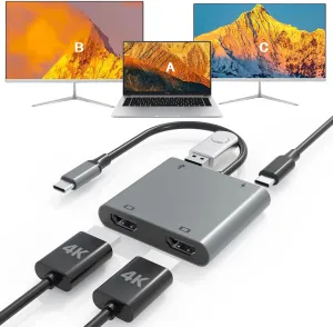 USB C to Dual HDMI Adapter, Fophmo 4K@60Hz with 100W PD, USB-A, Support C to 2 HD Splitter Extended Display for Type C Devices, MacOS only mirrors same screen(SST), Windows Extend Two Different Screen