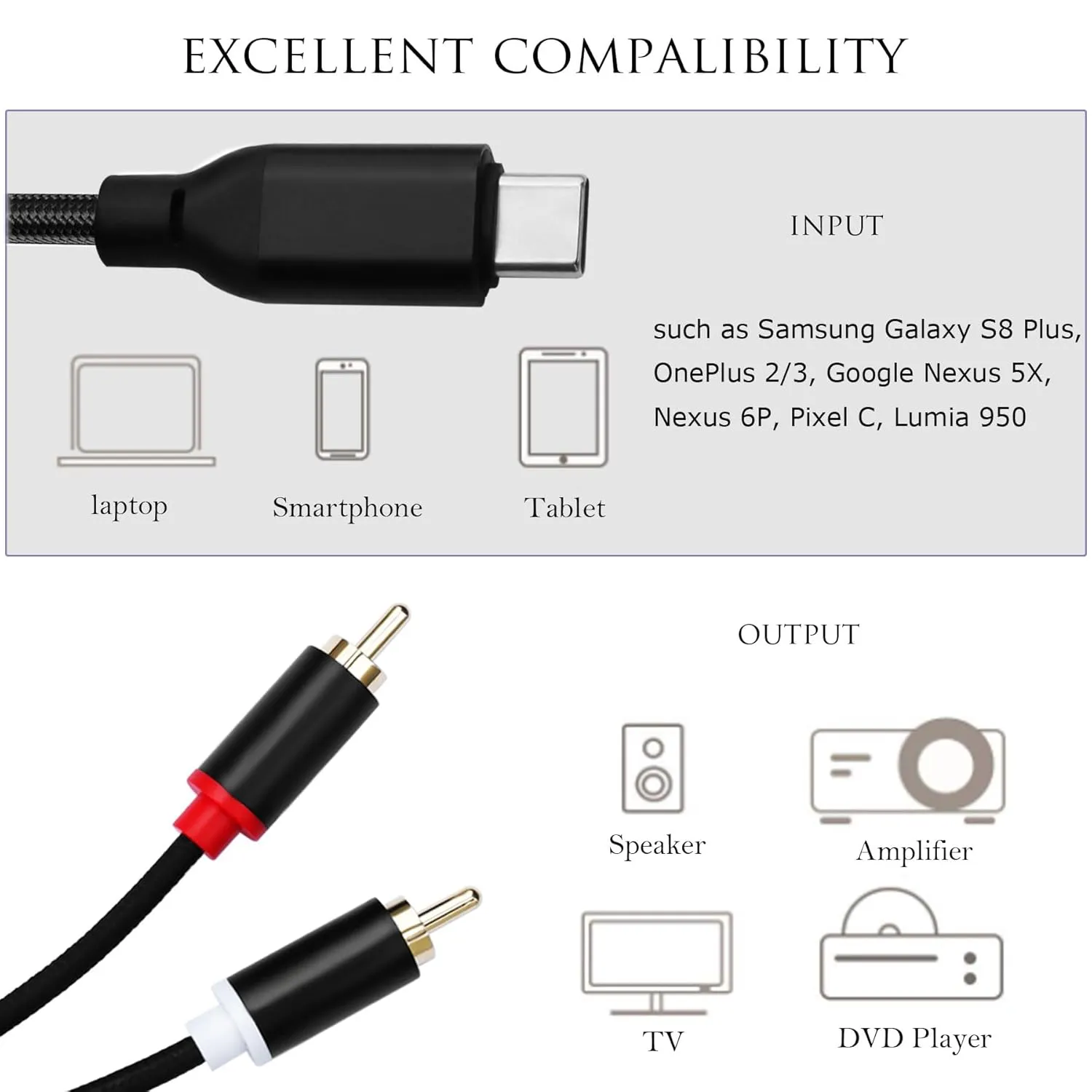 USB C to RCA Audio Cable, USB Type C to 2 RCA Y-Splitter Stereo Cable for Laptop, Tablet, Smartphone, DVD Player, Amplifier, Speaker - 1m/3.3ft