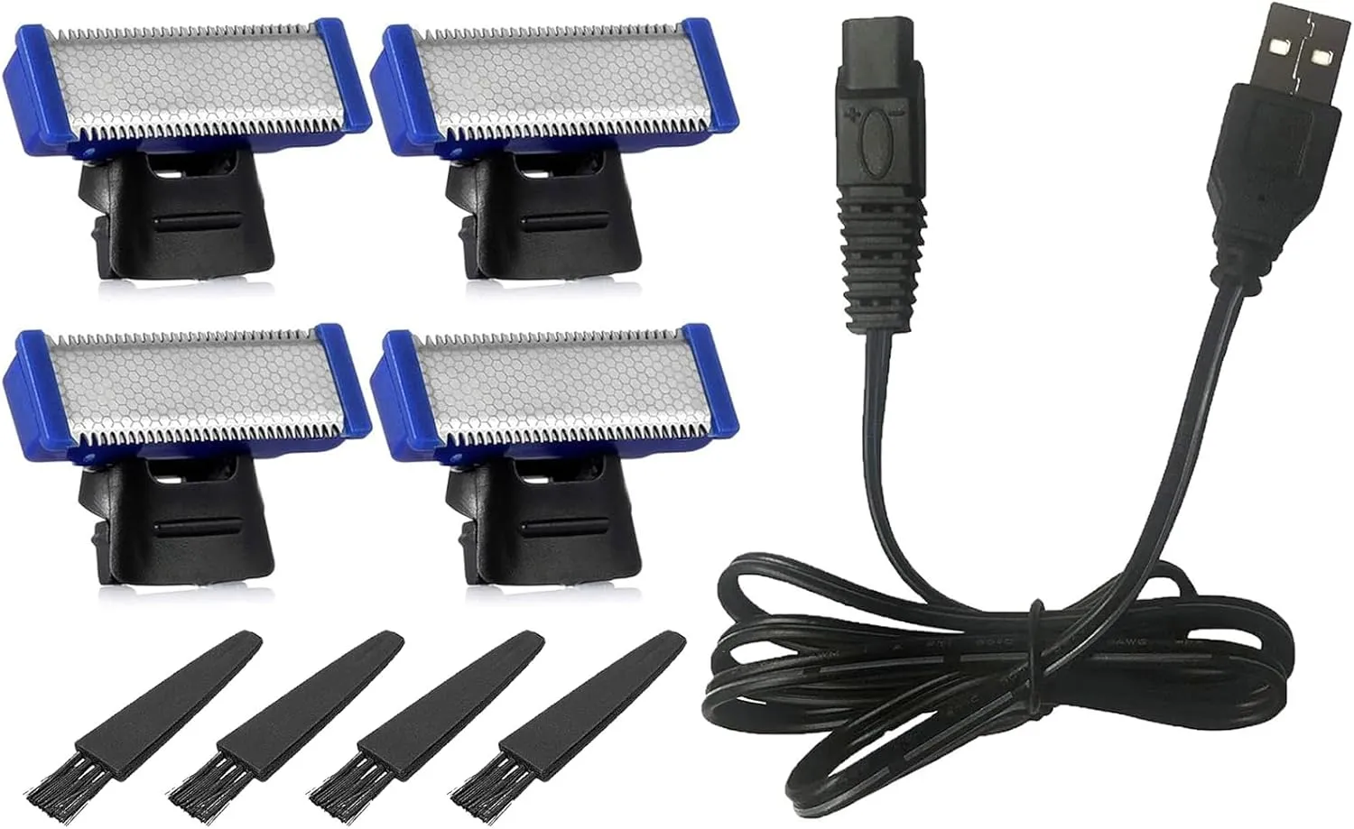 USB Charger Cord Compatible for Gen 1 Microtouch Solo Electric Shaver Bundle with 4 Replacement Shaver Heads, 4 Clean Brushes