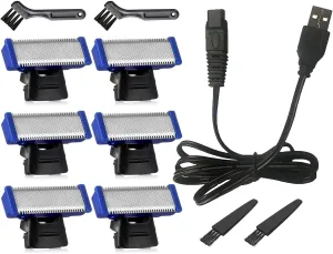 USB Charger Cord Compatible for Gen 1 Microtouch Solo Electric Shaver Bundle with 6 Replacement Shaver Heads, 4 Clean Brushes